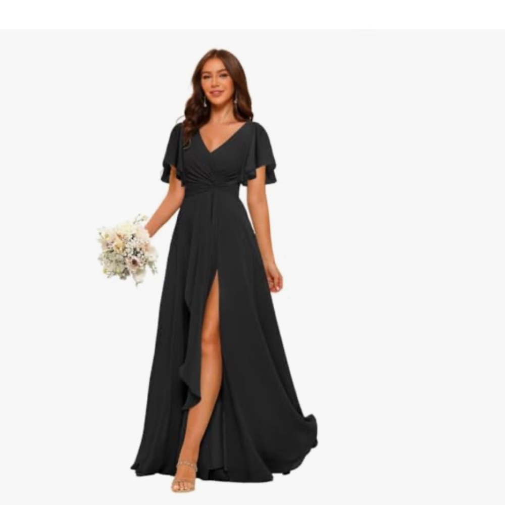 Elegant Emerald Green dress with slit, flutter sleeves - NWT